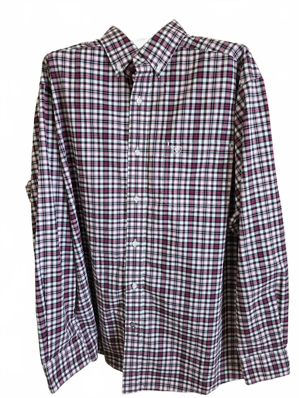 Ariat Pro Series Stretch Pink And Black Plaid Button-Up Shirt Large, EUC